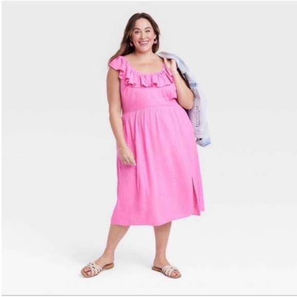 Ava & Viv Coquette Soft Girl Ruffle Neck Sleeveless Smocked Linen Midi Dress. - Picture 2 of 9